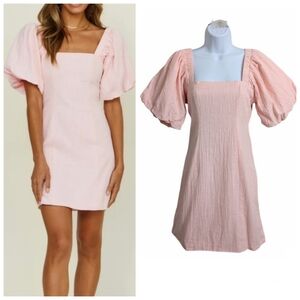 NWT SNDYS Everyday Tuscany Mini Dress Baby Pink Cotton Puff Sleeves Revolve S